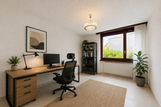 büro mit fernseher, virtually staged, sockelleisten, baseboards wall, und light floor