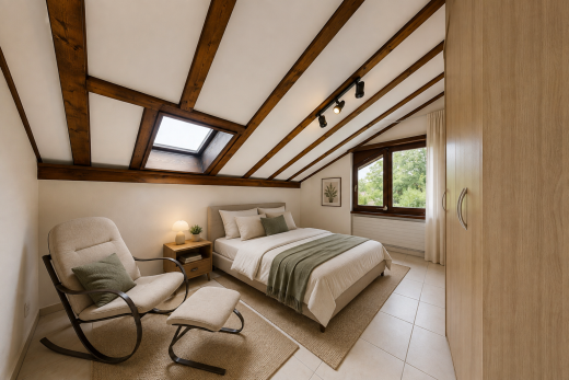 zimmer / schlafzimmer mit deckenbeleuchtung, vaulted ceiling, dachschräge, beamed ceiling, und balkendecke