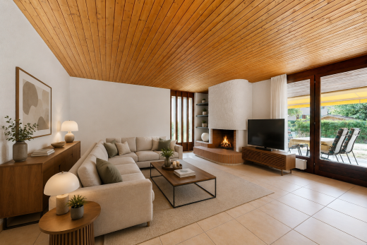wohnzimmer mit eingebaute regale, fernseher, wood ceiling, holzdecke, und kamin