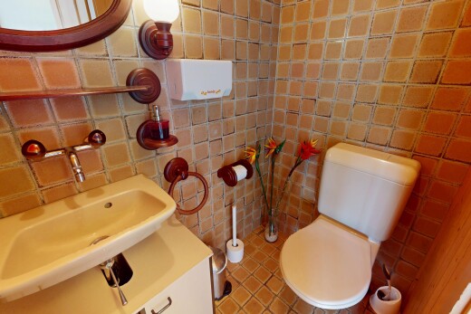 bad mit waschbecken, inside property, gäste-wc, toilette, und tile wall