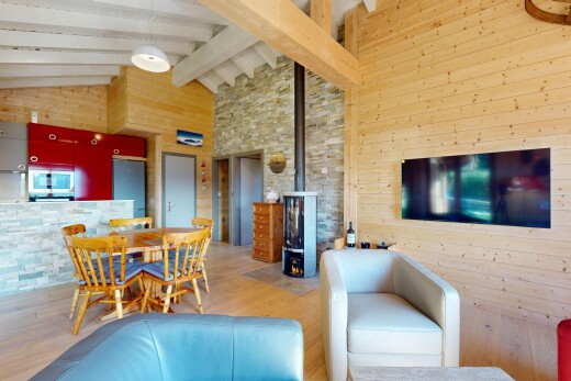 salon / salle à manger avec télévision, mur en pierre, stone wall, plafond haut, et high ceiling