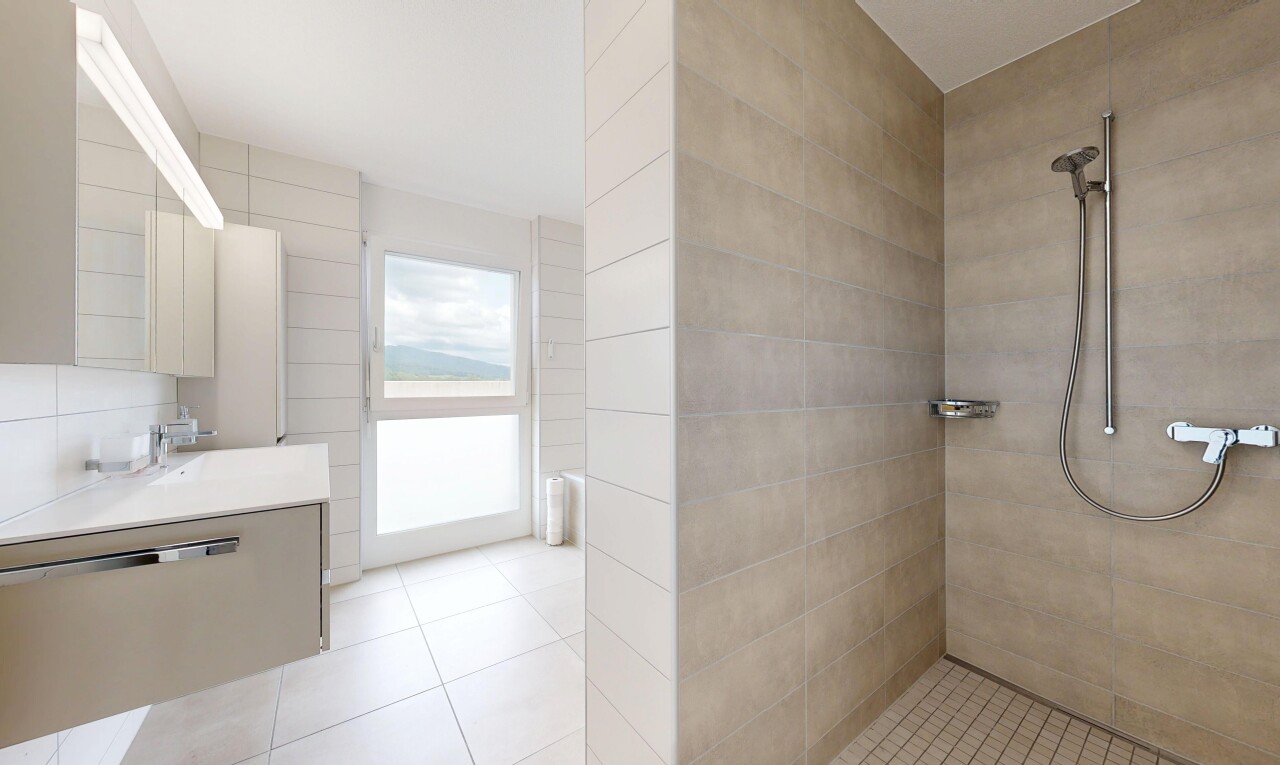 salle de bains avec miroir, salle de bain complète, lavabo (ou coiffeuse selon le contexte), light floor, et inside property