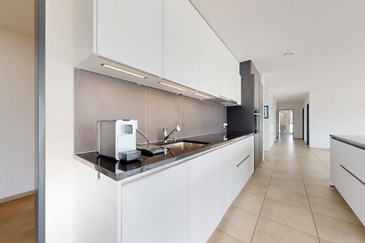 küche mit white cabinets, weiße schränke, flat panel cabinets, schränke mit flachen paneelen, und light floor