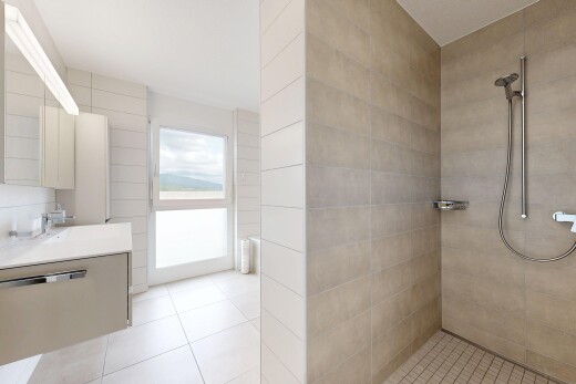 bad mit spiegel, komplettes badezimmer, schminktisch, light floor, und inside property