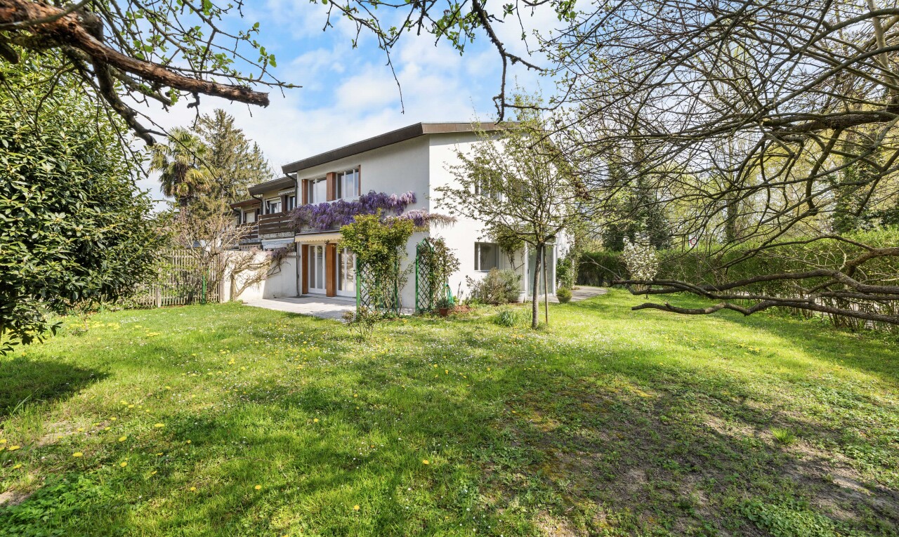 außenansicht mit rasen und stuckverkleidung