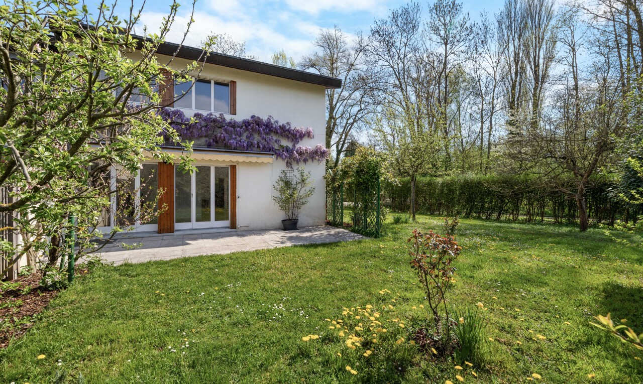 außenansicht mit rasen, terrasse, und stuckverkleidung