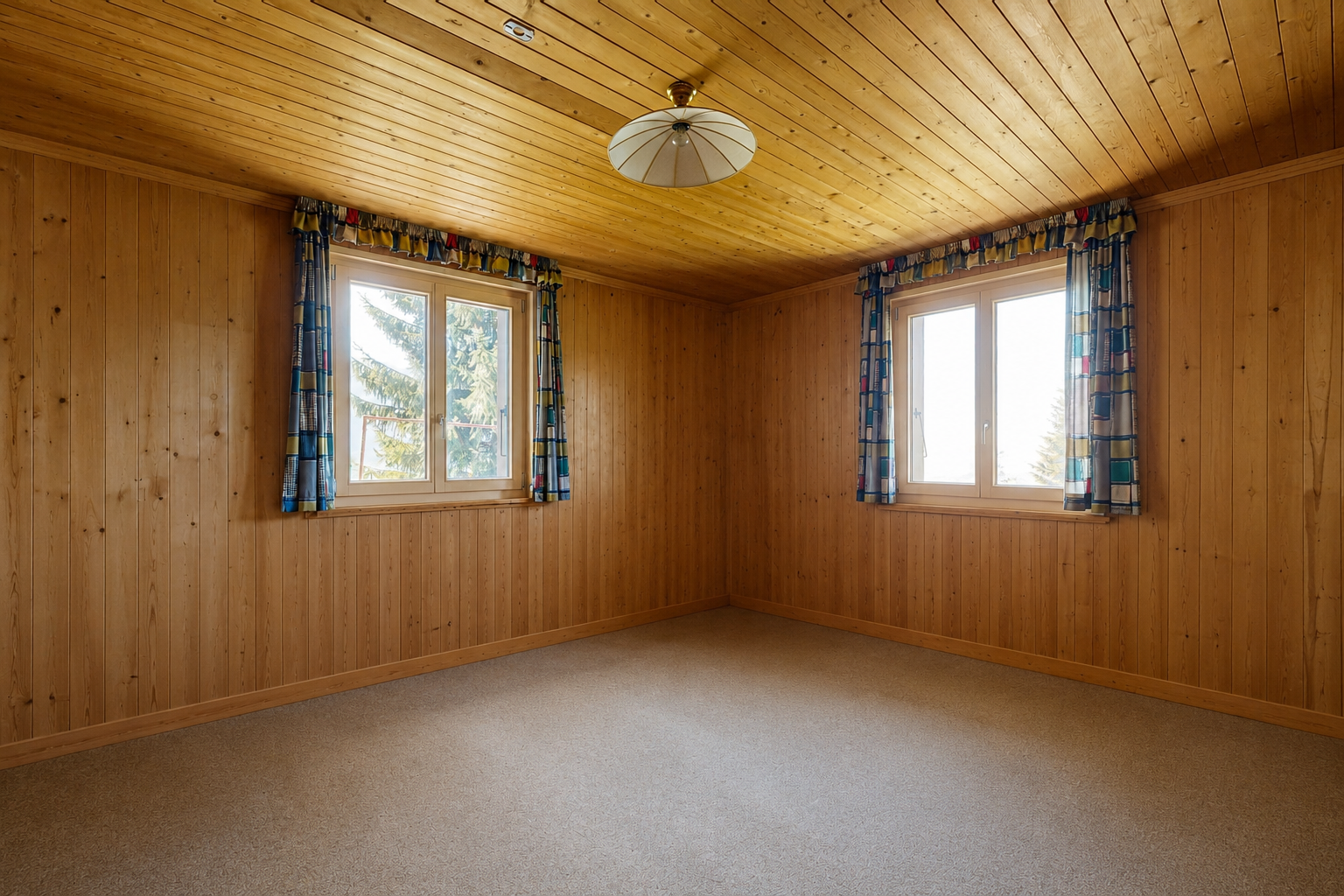 pièce vide avec natural light, lumière naturelle, wood ceiling, plafond en bois, et wood wall