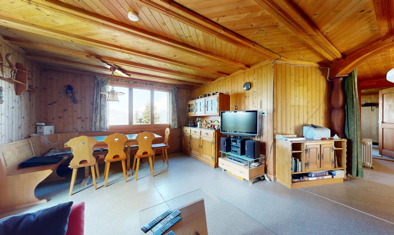 salon / salle à manger avec mur en bois, wood wall, plafond à poutres, beamed ceiling, et télévision
