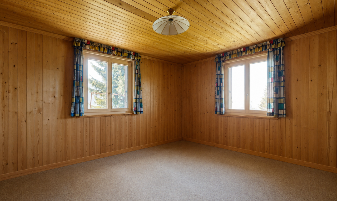 pièce vide avec natural light, lumière naturelle, wood ceiling, plafond en bois, et wood wall