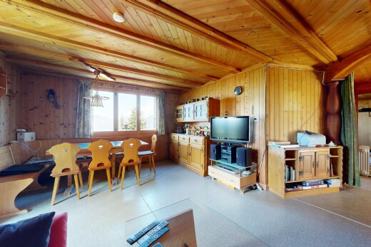 salon / salle à manger avec mur en bois, wood wall, plafond à poutres, beamed ceiling, et télévision