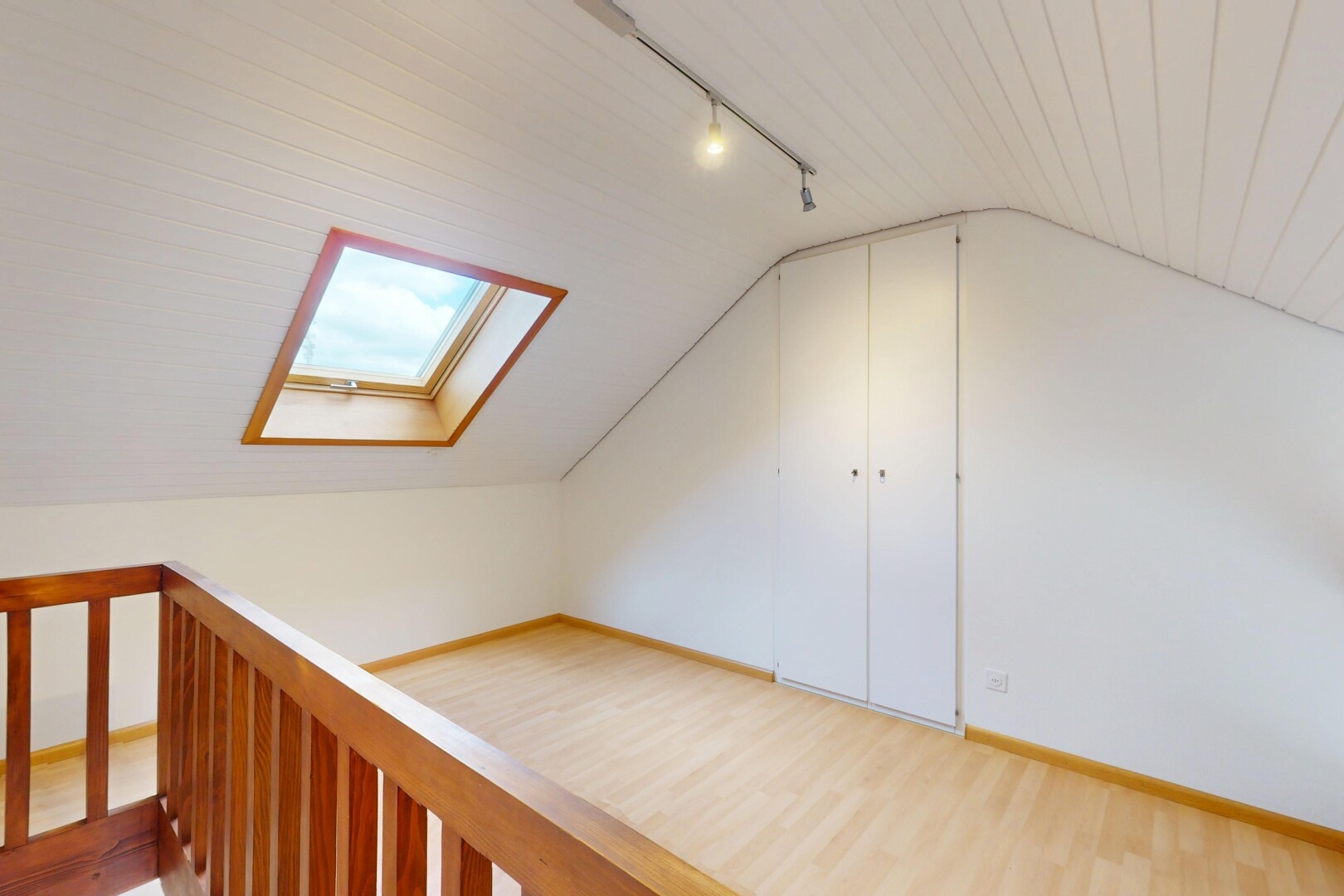 espace intérieur avec puits de lumière, éclairage sur rail, plafond bas, plafond voûté, et cloison sèche