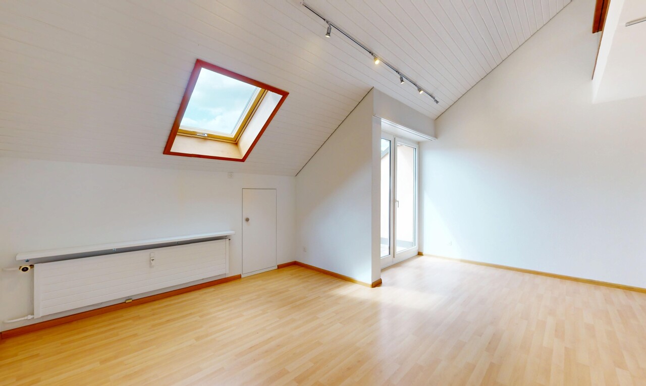 pièce vide avec puits de lumière, éclairage sur rail, sol en finition bois, plafond voûté, et cloison sèche