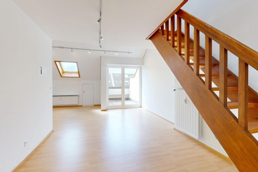 treppe mit deckenbeleuchtung, holzfußboden, gipskartonwand, und dachfenster