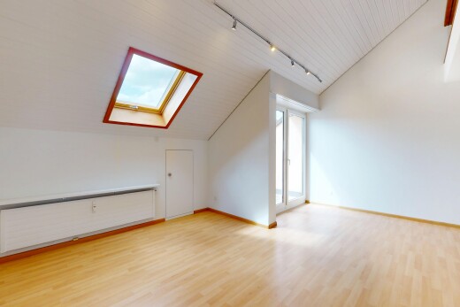 leerer raum mit dachfenster, holzfußboden, gipskartonwand, dachschräge, und deckenbeleuchtung