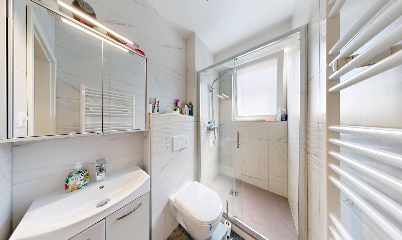 salle de bains avec chauffe-serviettes, radiateur, miroir, salle de bain complète, et douche