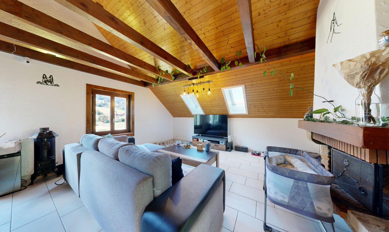 salon avec plafond voûté, vaulted ceiling, inside property, plafond à poutres, et beamed ceiling