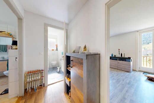 couloir avec sol en finition bois, wood finish floor, inside property, light floor, et cloison sèche