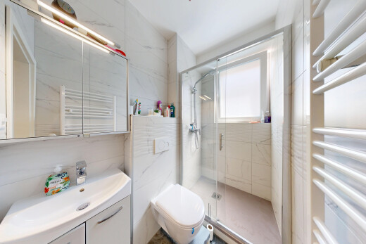 salle de bains avec chauffe-serviettes, radiateur, miroir, salle de bain complète, et douche