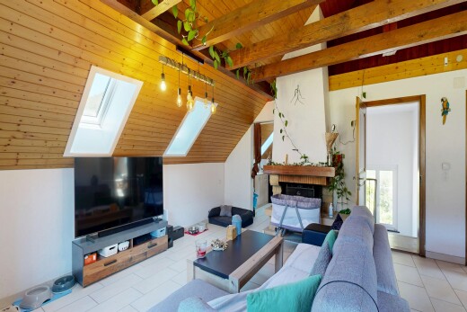 salon avec cheminée, plafond en bois, wood ceiling, plafond à poutres, et beamed ceiling