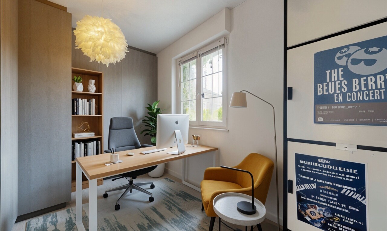 bureau avec lumière naturelle, natural light, espace bureau, sol en finition bois, et wood finish floor