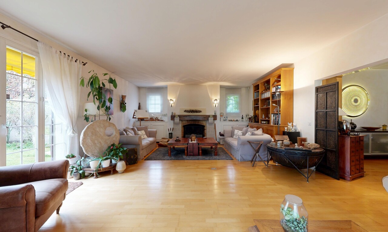 salon avec cheminée, inside property, sol en finition bois, wood finish floor, et lumière naturelle