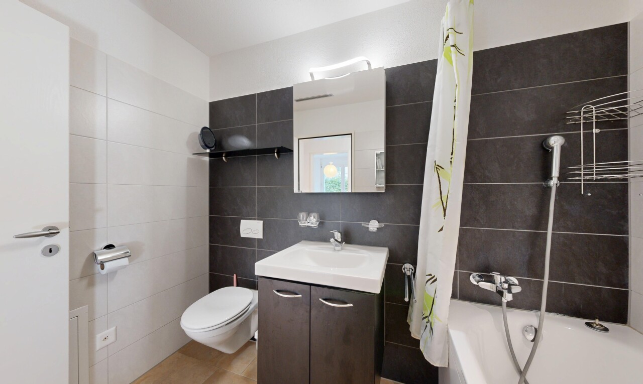 bad mit tile wall, fliesenwand, komplettes badezimmer, spiegel, und schminktisch