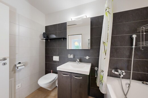 bad mit tile wall, fliesenwand, komplettes badezimmer, spiegel, und schminktisch