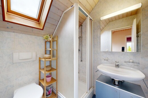 salle de bains avec plafond voûté, vaulted ceiling, douche, évier, et inside property
