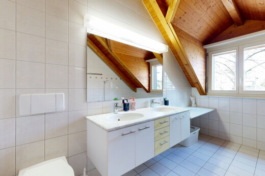 salle de bains avec double vasque, salle de bain complète, light floor, vaulted ceiling, et plafond voûté