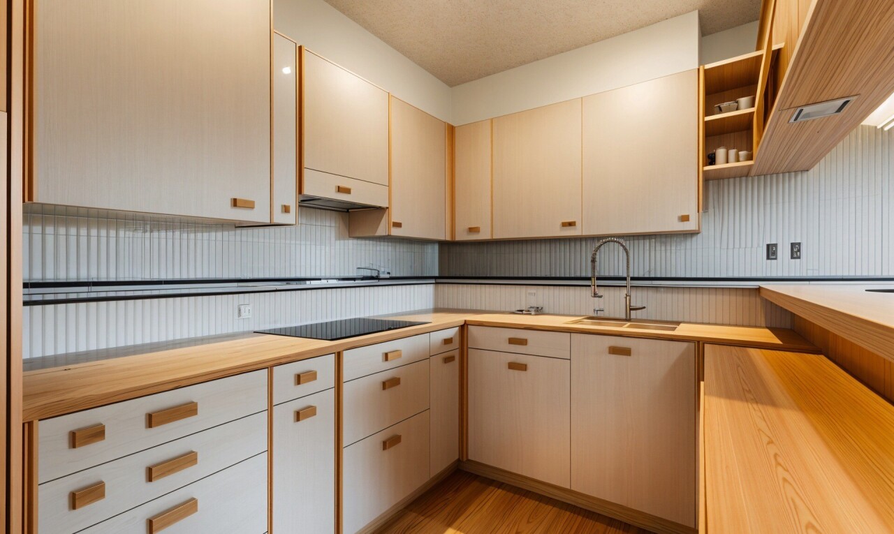 küche mit inside property, offene regale, holzfußboden, wood finish floor, und arbeitsplatten