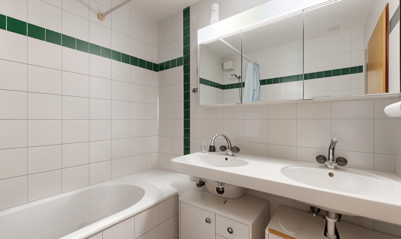 bad mit komplettes badezimmer, spiegel, fliesenwand, tile wall, und inside property