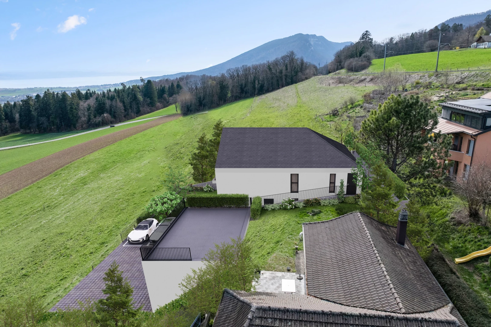 outdoor house with a mountain view, a rural view, a patio area, and a yard