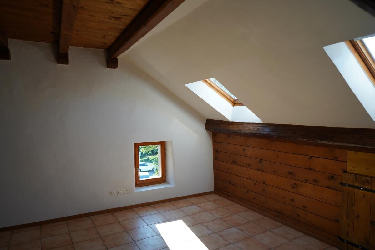leerer raum mit dachfenster, inside property, dachschräge, vaulted ceiling, und gipskartonwand