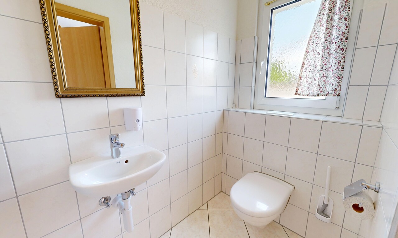 bad mit gäste-wc, spiegel, fliesenwand, tile wall, und toilette