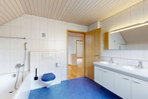 bad mit komplettes badezimmer, dark floor, fliesenwand, tile wall, und doppelwaschtisch