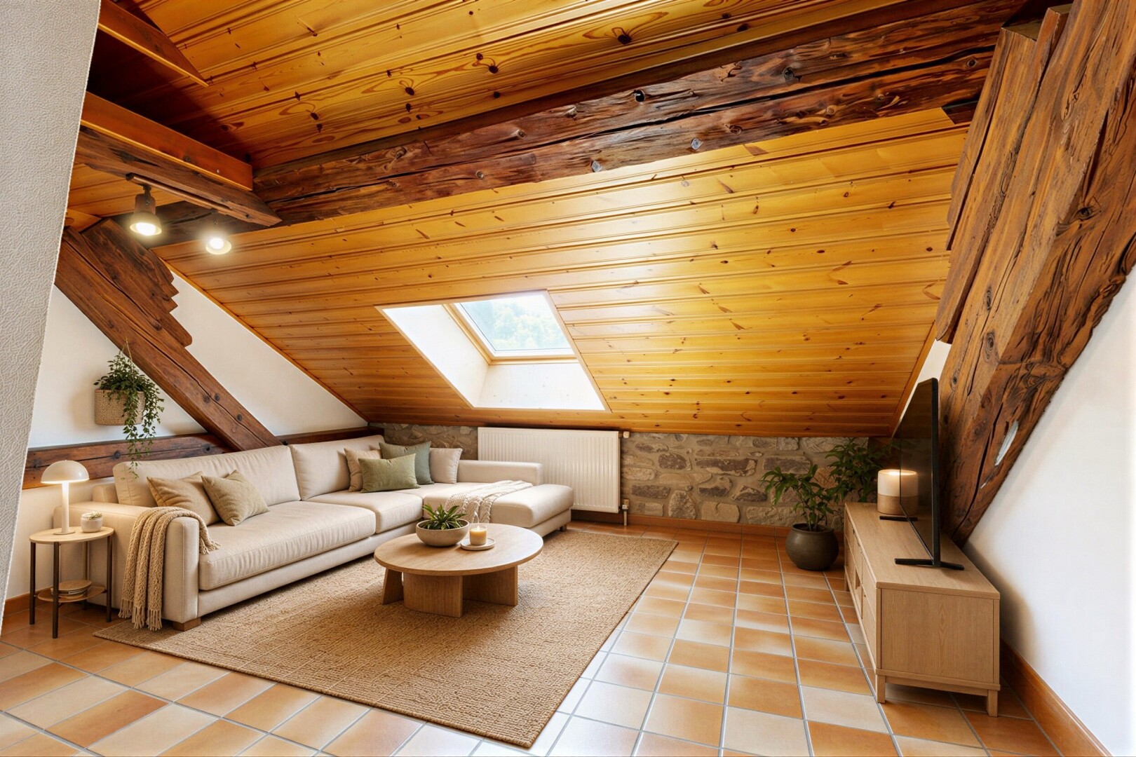 salon avec vaulted ceiling, plafond voûté, wood ceiling, plafond en bois, et inside property