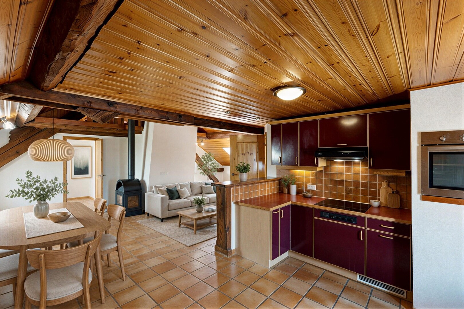 cuisine avec light floor, inside property, sol en carrelage, tile floor, et ouvert sur l'espace de vie
