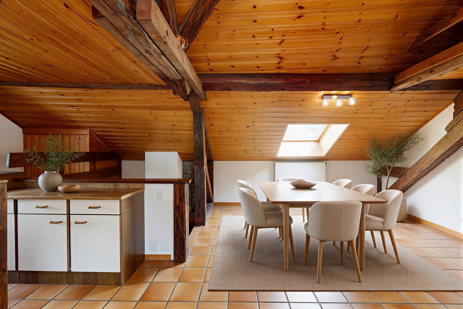 salle à manger avec vaulted ceiling, plafond voûté, beamed ceiling, plafond à poutres, et wood ceiling