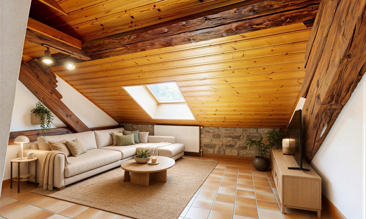 salon avec vaulted ceiling, plafond voûté, wood ceiling, plafond en bois, et inside property
