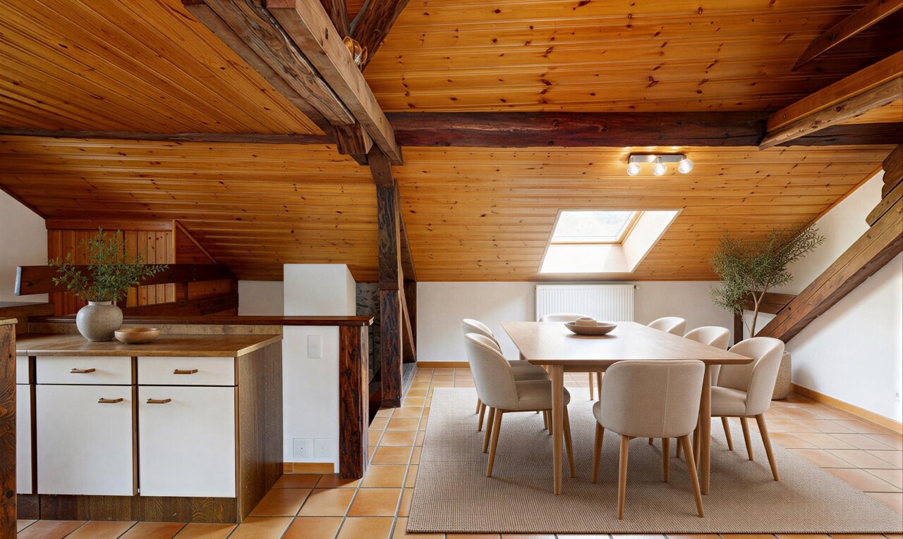 salle à manger avec vaulted ceiling, plafond voûté, beamed ceiling, plafond à poutres, et wood ceiling