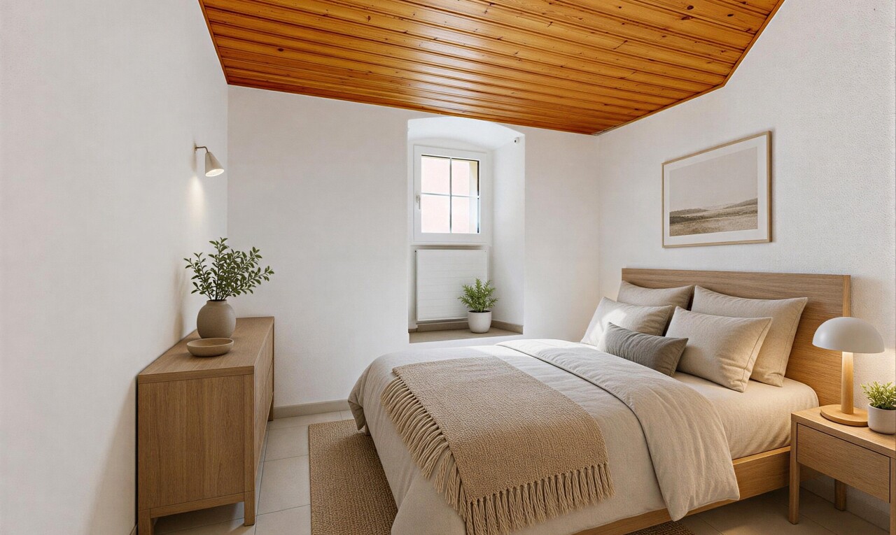 pièce vide avec plafond en bois, wood ceiling, inside property, lumière naturelle, et natural light