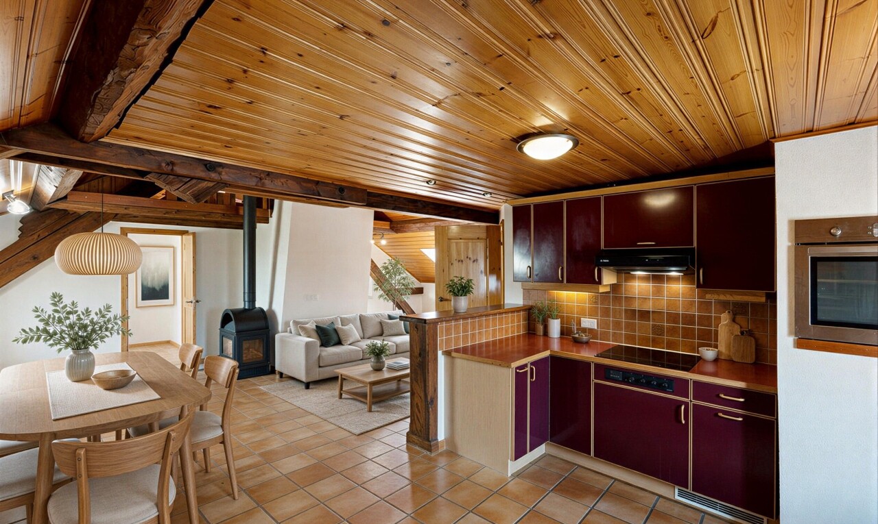 cuisine avec light floor, inside property, sol en carrelage, tile floor, et ouvert sur l'espace de vie
