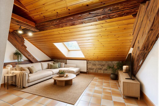 salon avec vaulted ceiling, plafond voûté, wood ceiling, plafond en bois, et inside property
