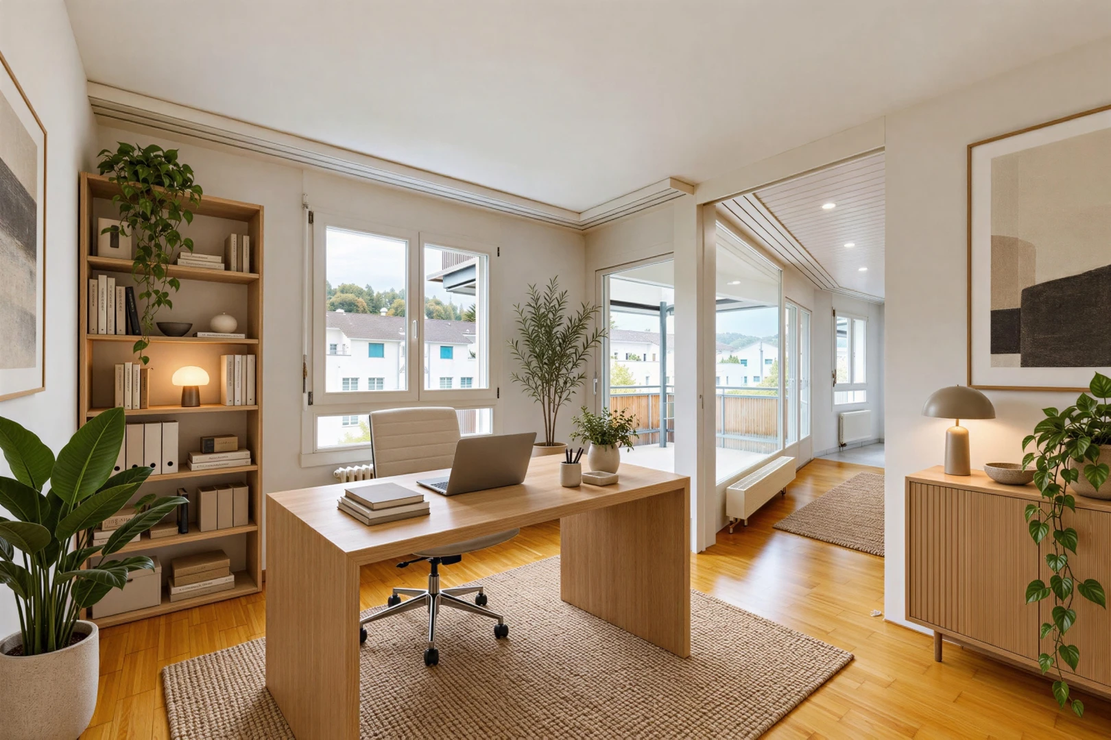 büro mit außenzugang, virtually staged, holzfußboden, wood finish floor, und gipskartonwand