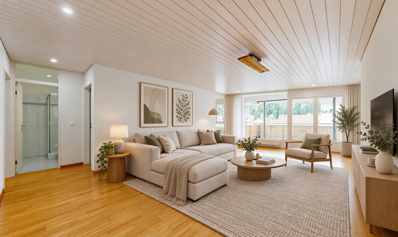 wohnzimmer mit einbauleuchten, holzdecke, wood ceiling, high end ceiling, und fernseher