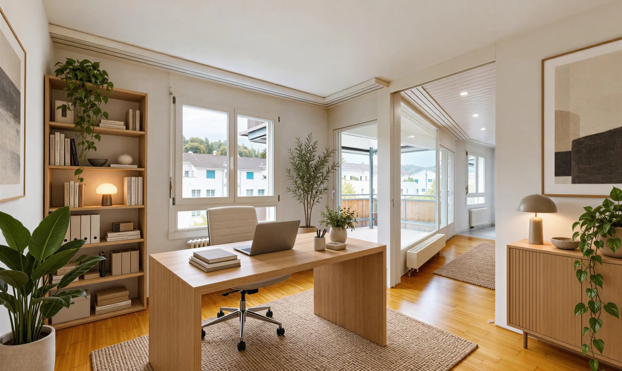 büro mit außenzugang, virtually staged, holzfußboden, wood finish floor, und gipskartonwand