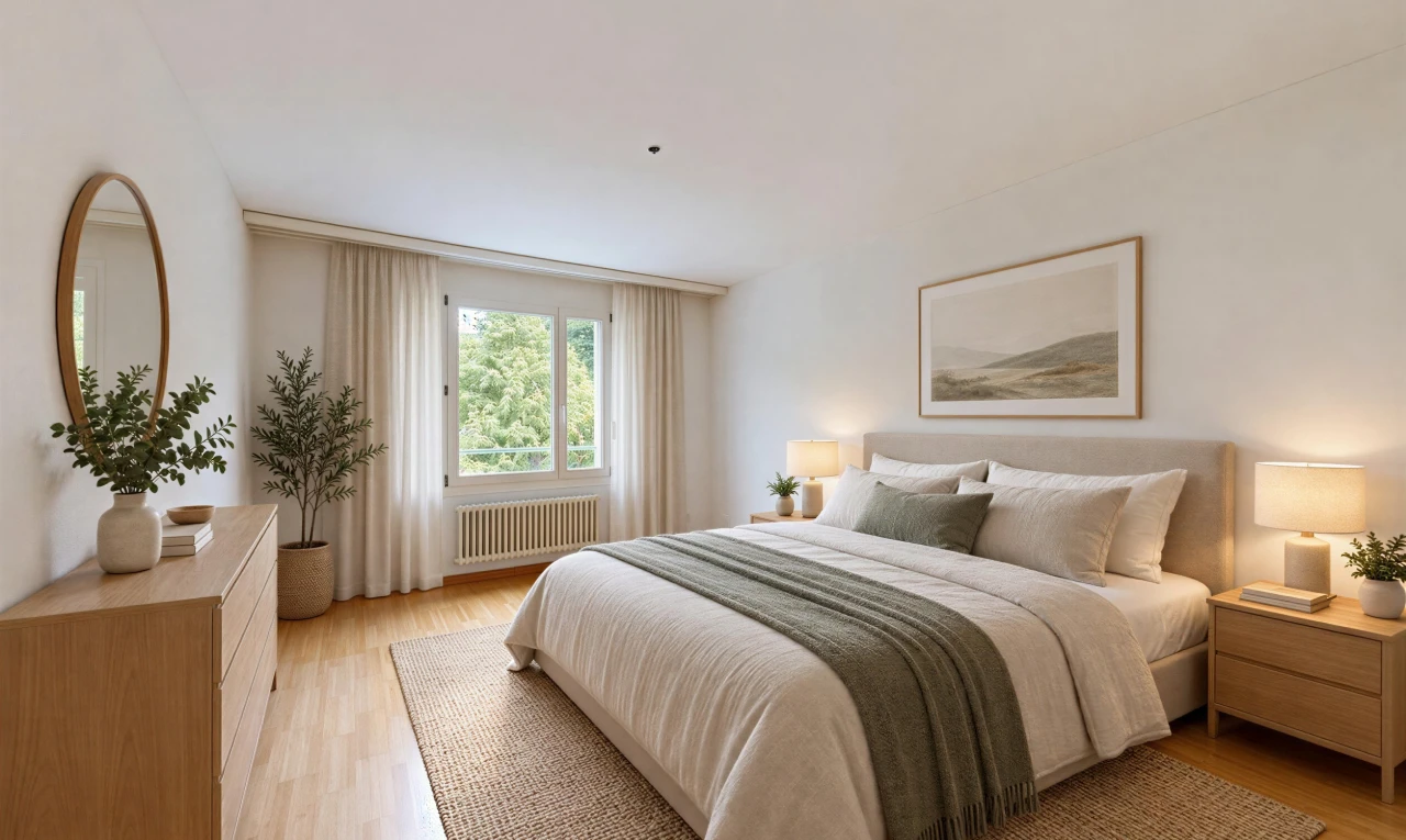 zimmer / schlafzimmer mit kühler, light floor, virtually staged, gipskartonwand, und drywall