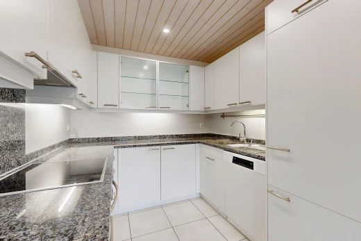 küche mit dark countertops, stein arbeitsplatten, stone countertops, light floor, und holzdecke