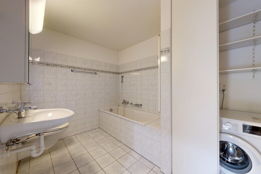 bad mit tumbler, komplettes badezimmer, fliesenwand, tile wall, und waschbecken