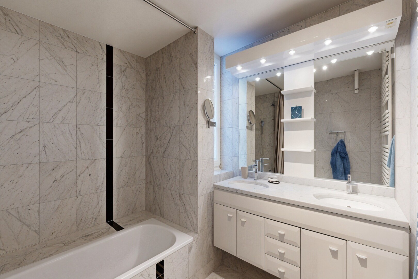 bathroom featuring a towel warming rack, double vanity, a garden tub, tile walls, and radiator heating unit